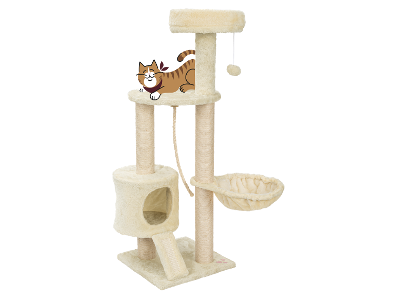 Beige klösträd med en randig katt, flera nivåer, klöspelare och en korg.