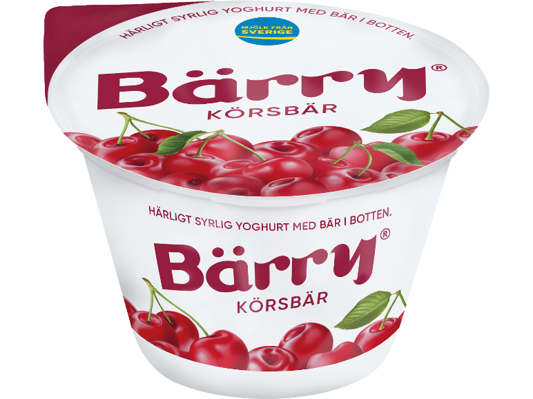 Körsbärsyoghurt med bär i botten, med texten ”Härligt syrlig yoghurt med bär i botten”.
