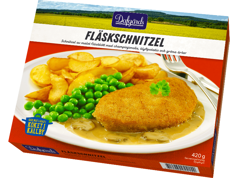 Förpackning med fryst fläskschnitzel, svampsås, klyftpotatis och gröna ärtor.