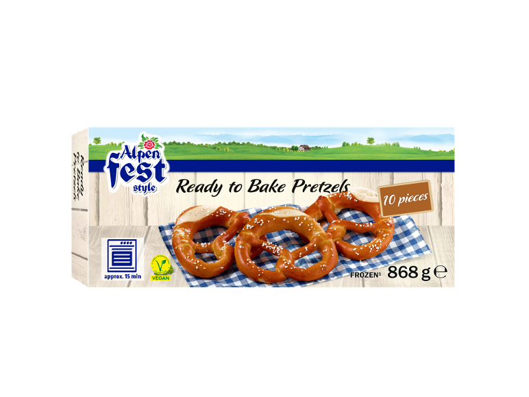 Kartong med frysta färdigbakade pretzels, 10 stycken, 868g, med bakinstruktioner.