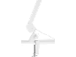 Vit skrivbordslampa med justerbar arm och klämfäste fäst vid en vit yta.
