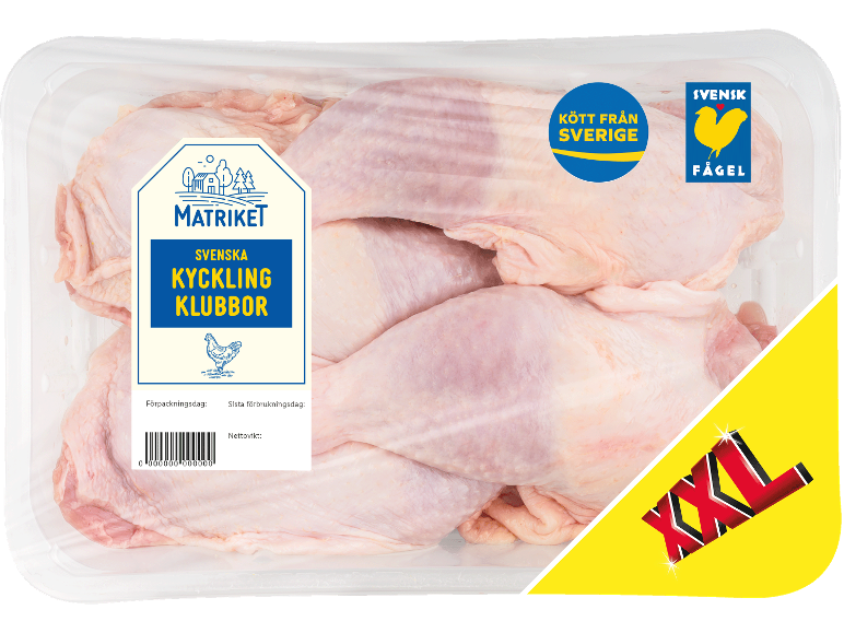 Förpackning råa kycklingklubbor med svenska ursprungsmärkningar.