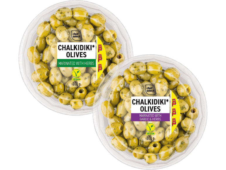 Chalkidikioliver marinerade med örter och med vitlök och örter, 300g, veganska.