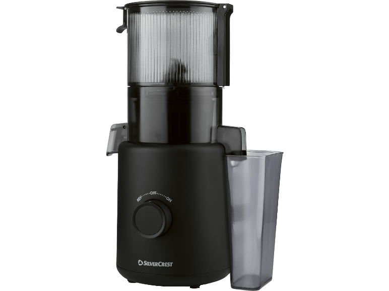 Svart juicepress med en transparent juicebehållare och en kontrollratt.