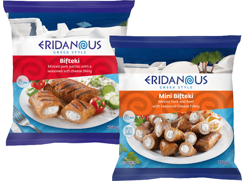 Två förpackningar fryst grekisk bifteki, en med färsbiffar av fläsk och en med mini-färsbiffar av fläsk och nötkött, båda med ostfyllning.