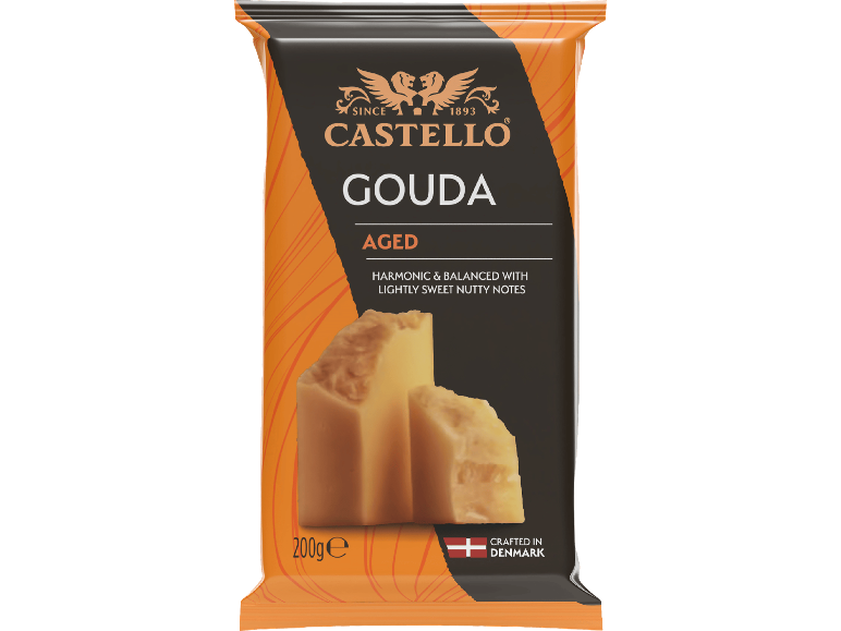 Förpackad lagrad Goudaost, 200g, tillverkad i Danmark.