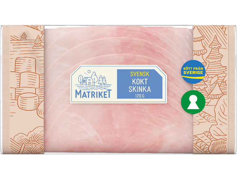 Förpackning skivad kokt skinka med lantlig illustration, som indikerar svenskt ursprung, 120g.