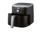 Svart airfryer med digital display som visar 200 grader och matlagningsalternativ.