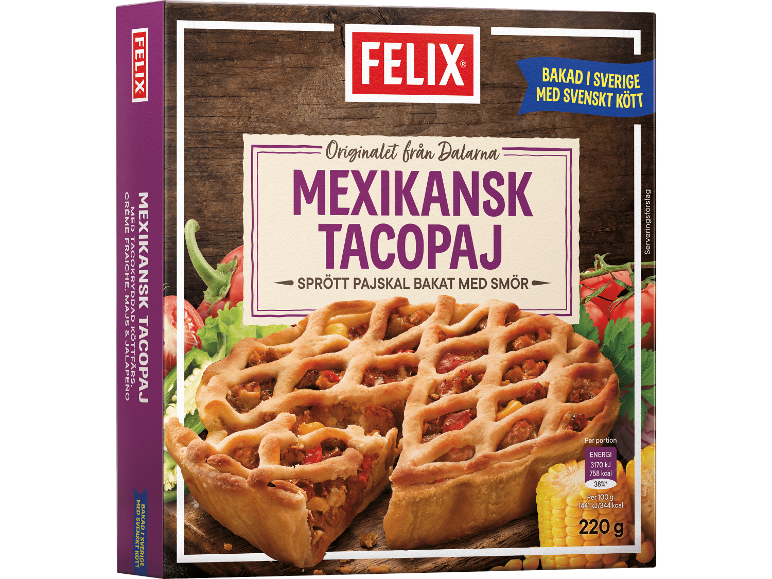 Mexikansk tacopaj med tacokryddad köttfärs, crème fraîche, majs och jalapeño, bakad i smördeg.