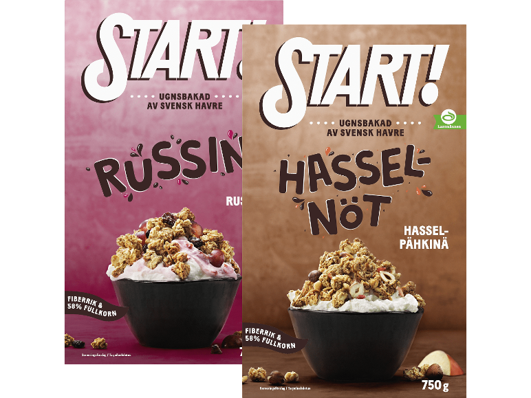 Två granolapaket, ett med russin och ett med hasselnötter, med skålar flingor.