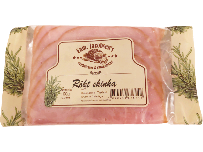 Förpackning rökt skinka med etikett som anger 100g, ursprung Tyskland och kontaktinformation.