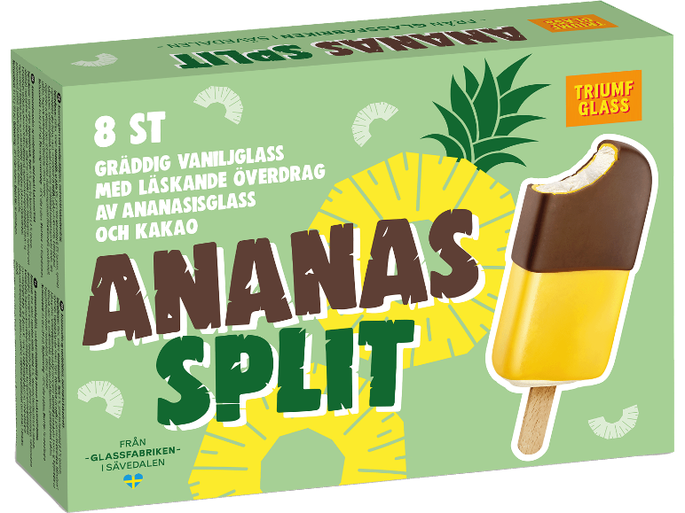 Låda med vanilj- och ananasglass med kakaobeläggning, 8 stycken.