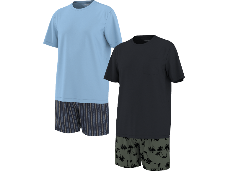 Två pyjamas-set för män: ett ljusblått med randiga shorts, ett svart med palmträdsshorts.