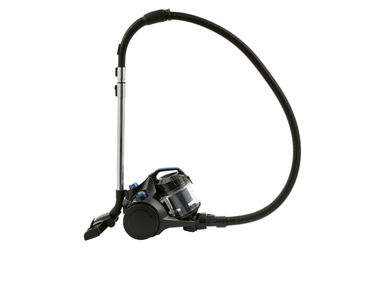 Svart dammsugare med slang och transparent dammbehållare på svart bakgrund.