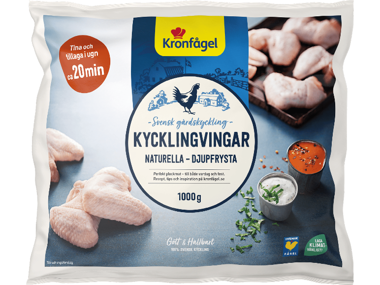 Förpackning med 1000g frysta naturella kycklingvingar, med 20 minuters tillagningsinstruktioner.