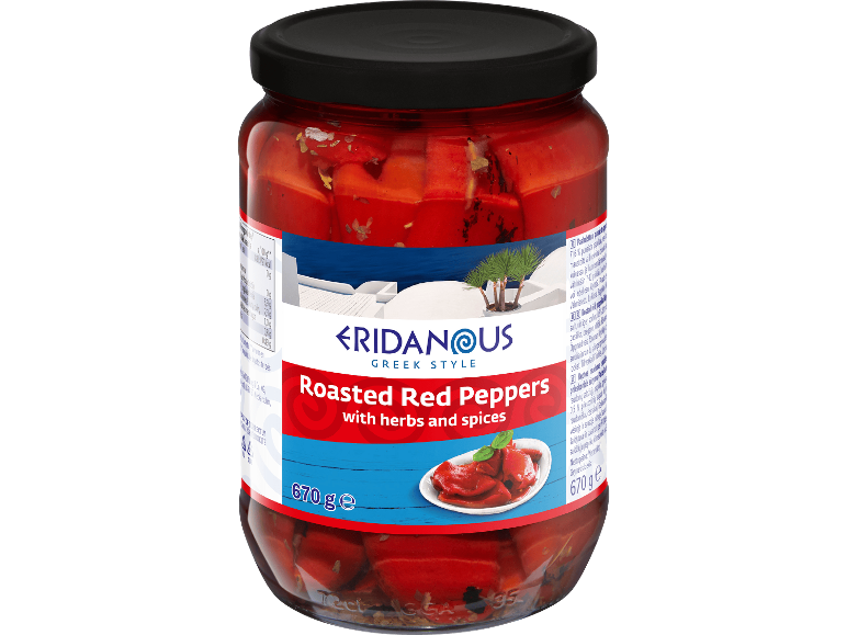 Eridanous grillad röd paprika med örter och kryddor i burk, 670 g