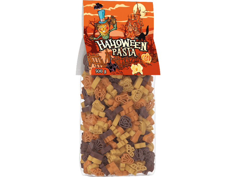 En 500 g påse med trefärgad Halloween-pasta i läskiga former som spindlar och pumpor.