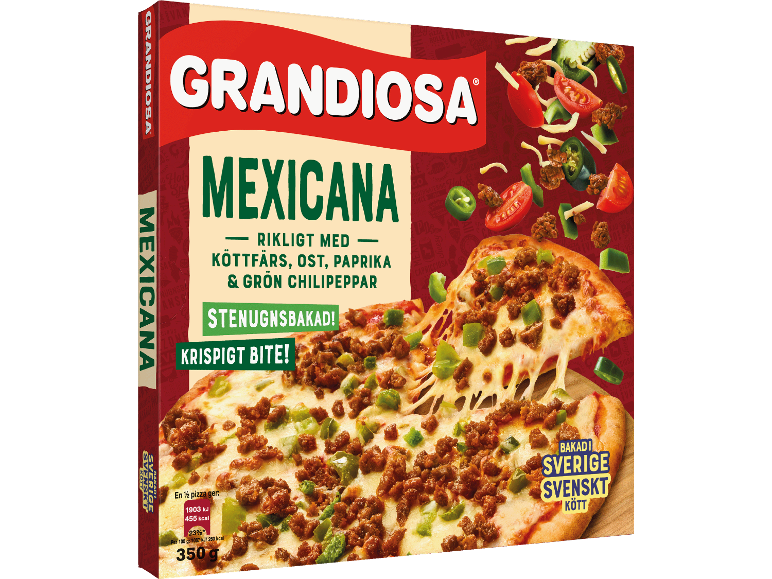 Mexikansk pizza med köttfärs, ost, paprika och grön chili, 350g portion.