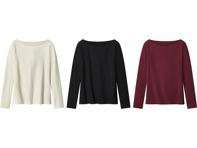 Tre långärmade damtoppar i vitt, svart och vinrött.