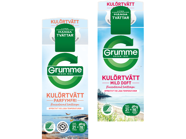 Två förpackningar med flytande kulörtvättmedel, en oparfymerad och en med mild doft.