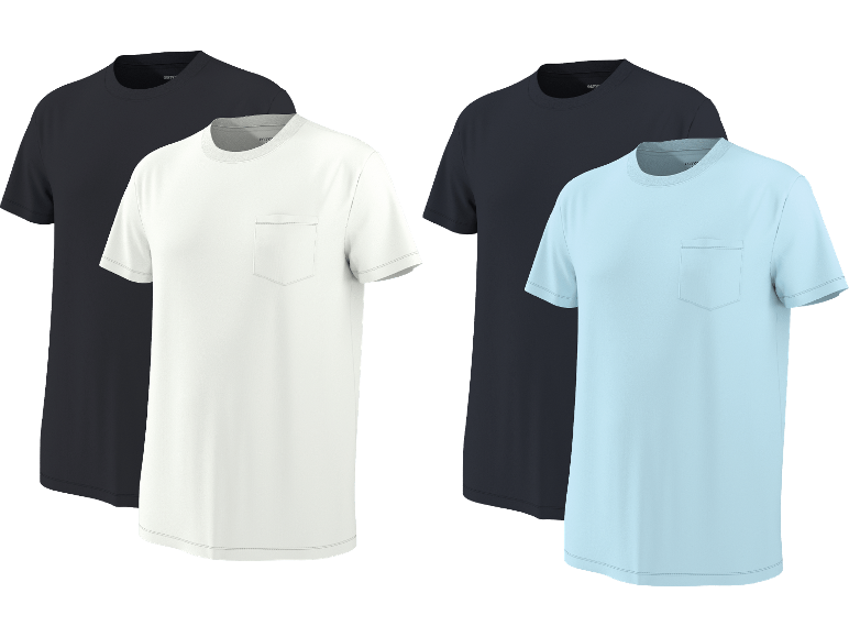 Fyra kortärmade t-shirts för män med ficka i svart, vitt och blått.