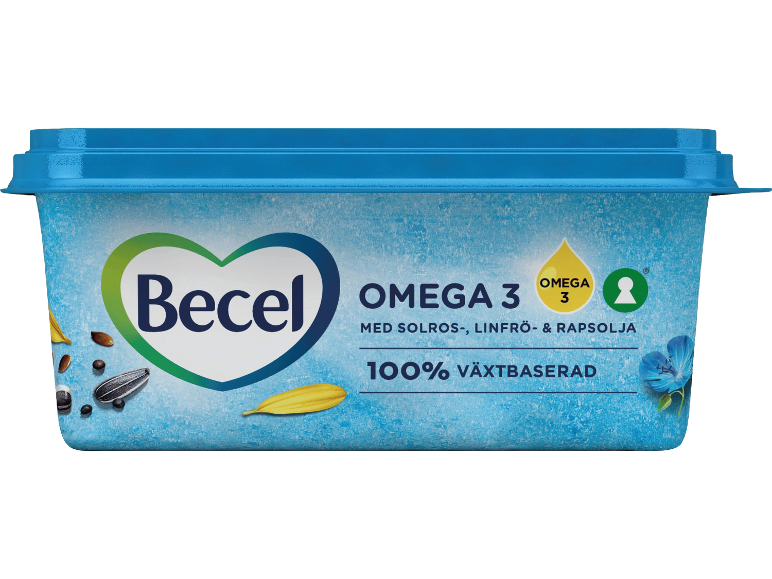 Förpackning växtbaserat margarin med Omega 3, solros-, linfrö- och rapsolja.