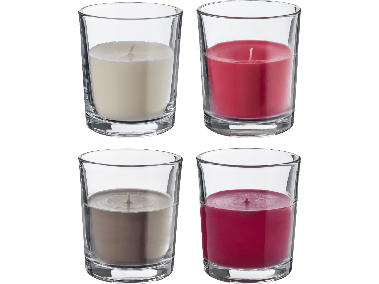 LIVARNO maxi-doftljus i glas i fyra olika färger.