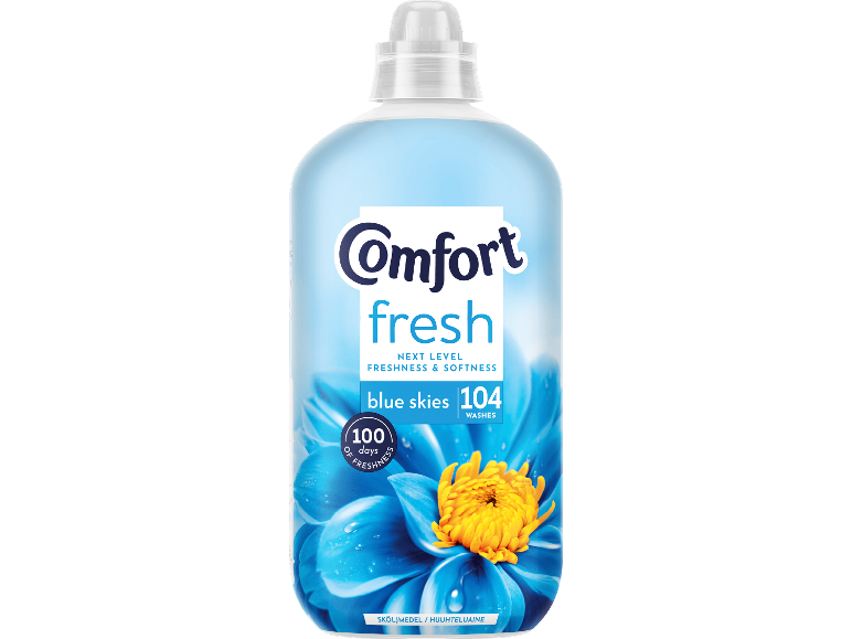 Blå sköljmedel med texten 'fresh blue skies' och en gul blomma.