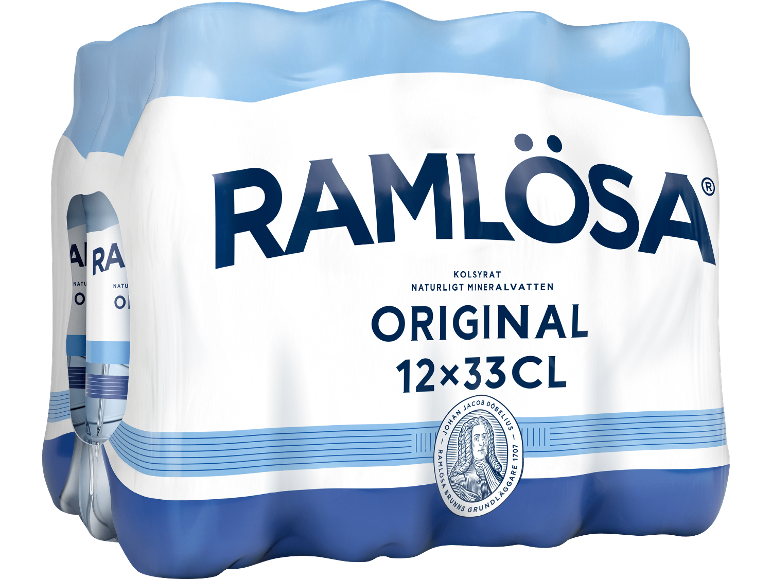 Förpackning med 12 flaskor kolsyrat mineralvatten, 330 ml vardera, med texten 'ORIGINAL'.