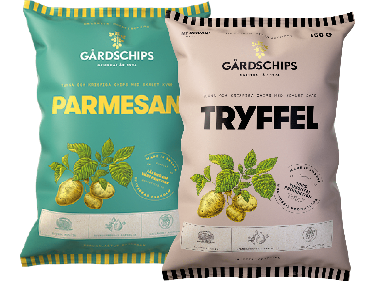 Två påsar potatischips: en grön med parmesansmak och en beige med tryffelsmak.