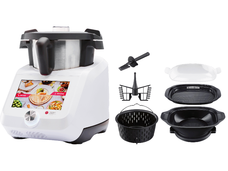 Vit köksmaskin med pekskärm och matlagningstillbehör.