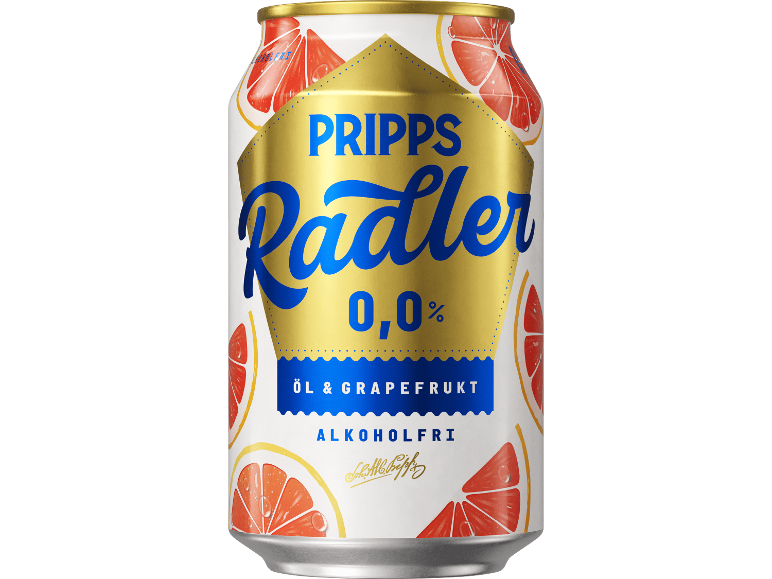 Alkoholfri radler med grapefrukt, 0,0% alkohol, vit och gulddesign.
