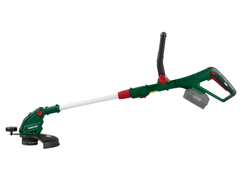 Sladdlös grästrimmer med batteripaket, i grön och svart design.