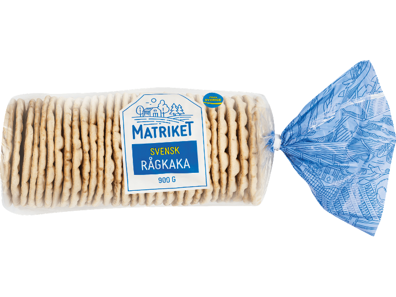 Förpackning med tunna rågkakor, med en blå och vit etikett där det står 'Svensk Rågkaka'.