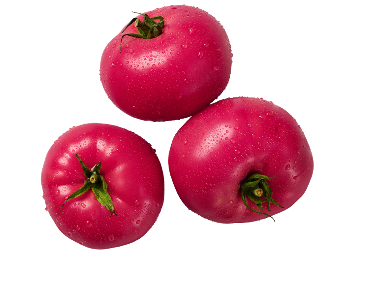 Tre färska, saftiga rosa tomater med vattendroppar på svart bakgrund.