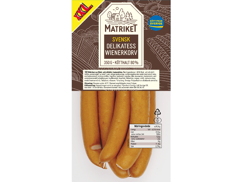 Förpackning med 7 rökta wienerkorvar med 80% kötthalt, svenskt ursprung, med näringsinformation.