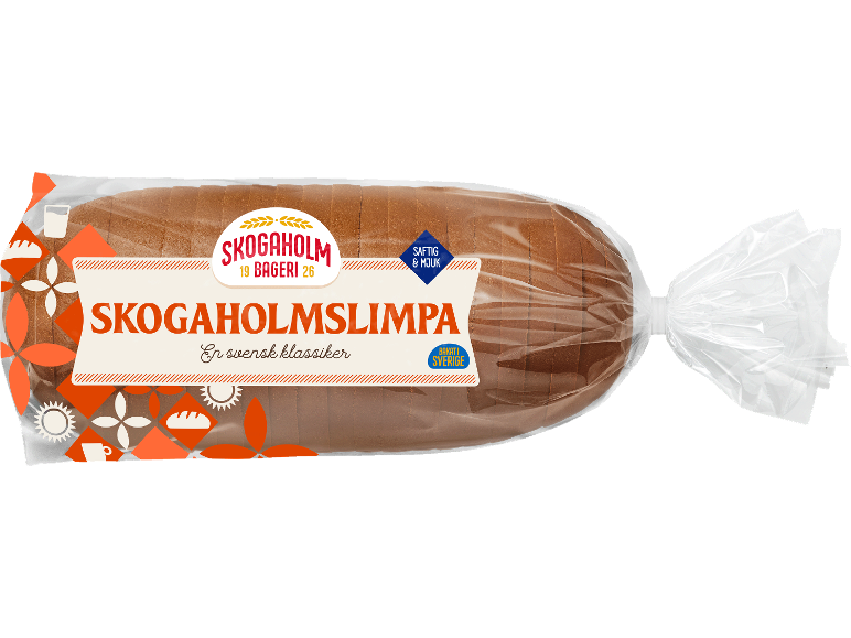 Förpackat skivat bröd med en orange och vit etikett där det står 'SKOGAHOLMSLIMPA'.