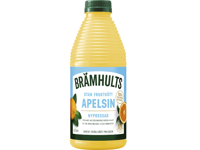Flaska apelsinjuice utan fruktkött, nyppressad från säsongens bästa frukt.
