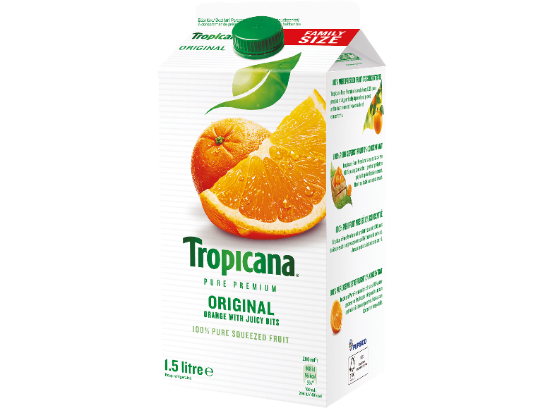1,5 liters apelsinjuice med fruktkött, 100% pressad, ej från koncentrat, familjeförpackning.