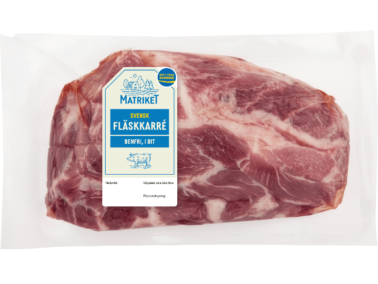 Vakuumförpackad benfri fläskkarré, med svensk etikett.