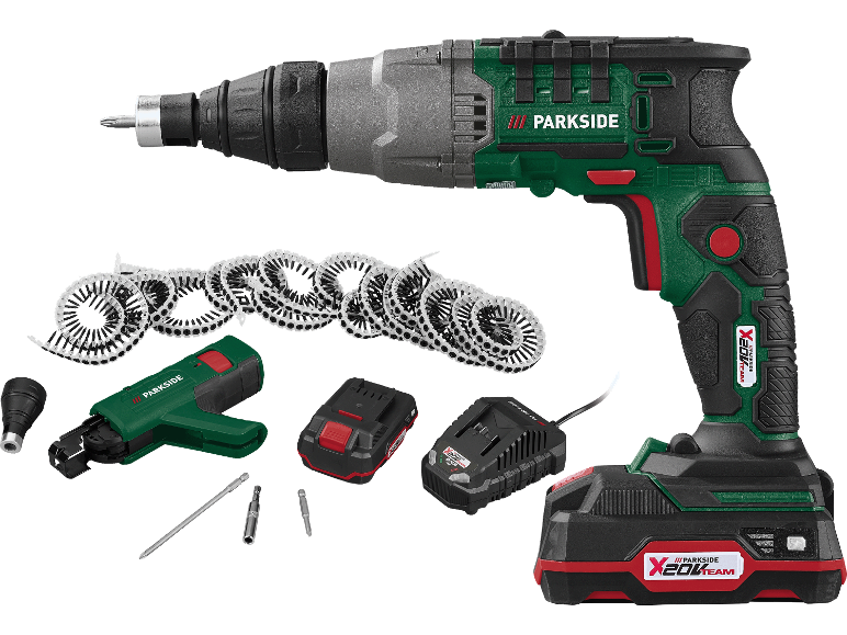 Sladdlös borrmaskin med laddare, batteri, tillbehör och bandade skruvar.