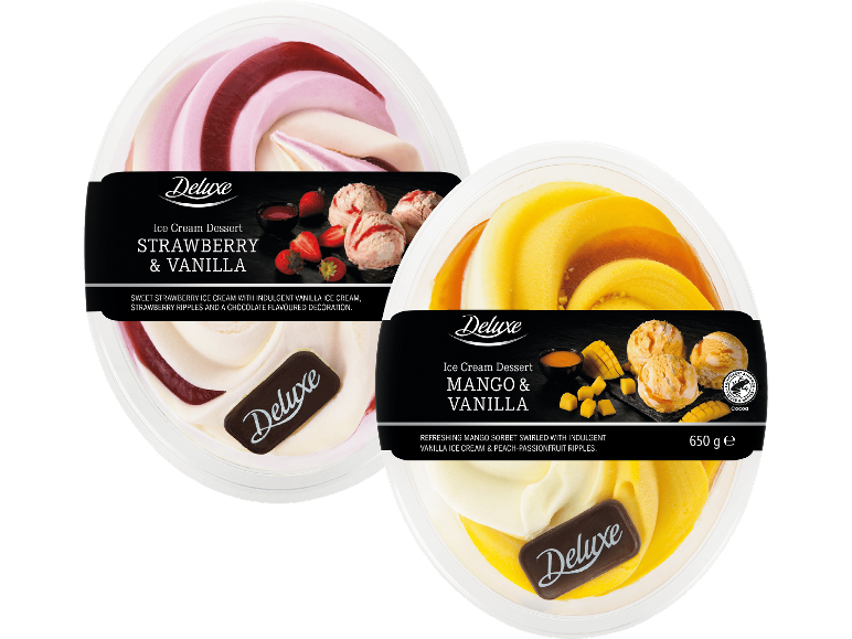 Två glassdessertförpackningar: jordgubb & vanilj, och mango & vanilj.