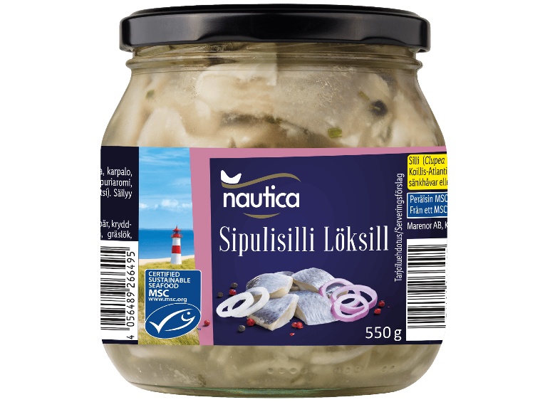 Glasburk med löksill, med MSC-certifieringsmärke och vikt på 550g.