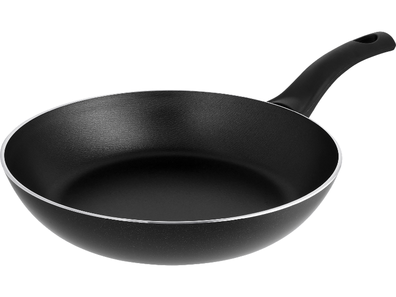 Svart stekpanna med non-stick beläggning och svart handtag på svart bakgrund.