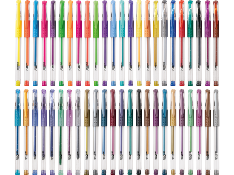 Set med 60 färgglada gelpennor med glitter-, neon- och metallicbläck.