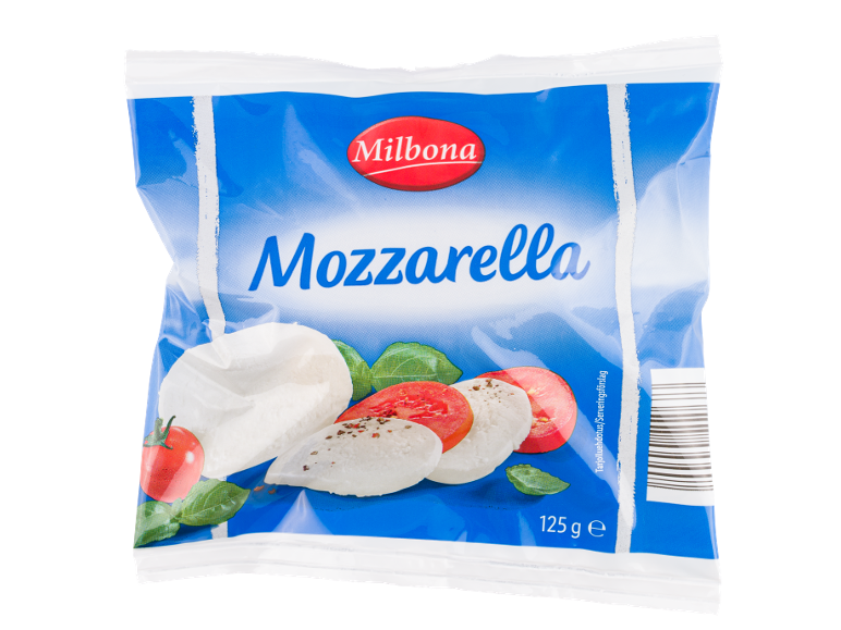 Förpackning mozzarella med tomater och basilika, 125 g.