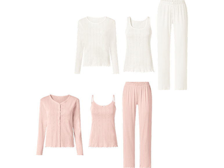 Esmara pyjamas-set: Vit långärmad tröja, linne och byxor; Rosa kofta, linne och byxor.