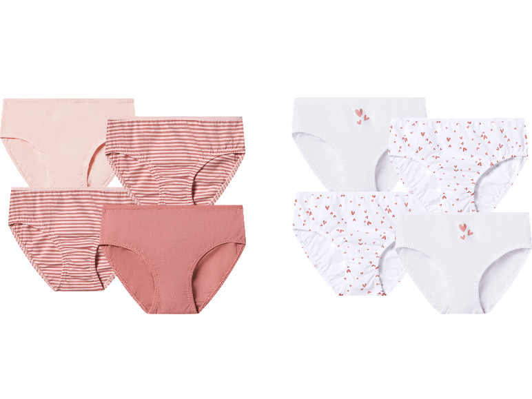 Sex flickunderbyxor: tre rosa och tre vita med hjärtmönster.