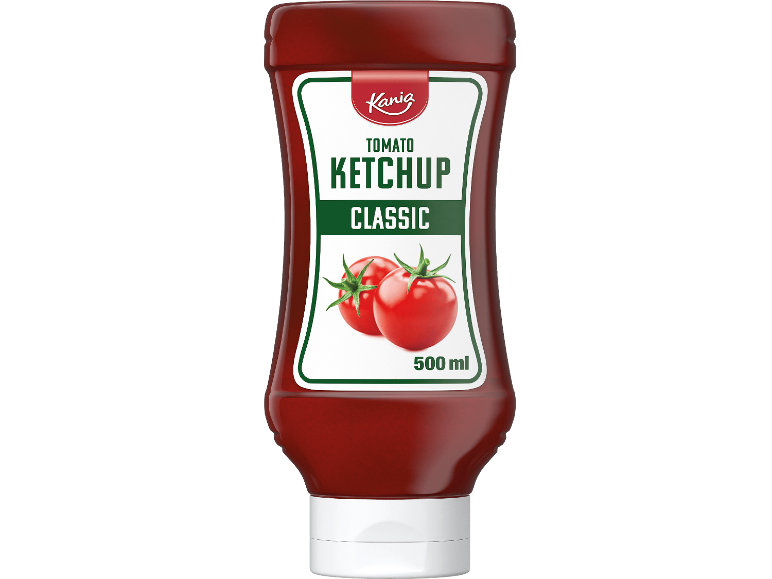 En flaska klassisk tomatketchup med en vit etikett och två tomater.