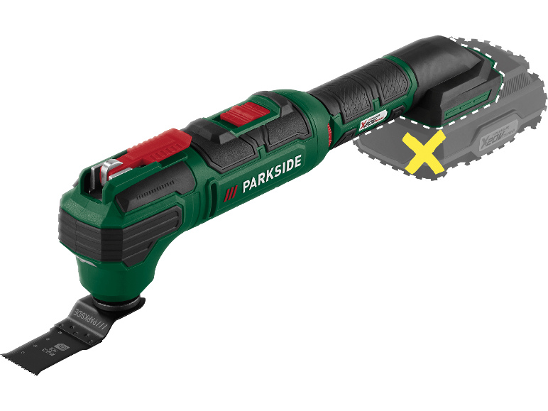 Multiverktyg med skärblad, med batterikontur.